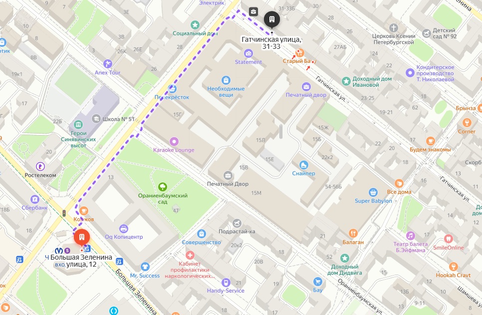 схема пути движения к объекту на Гатчинской улице, дом 35 от метро "Чкаловская"